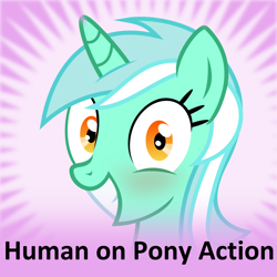 Size: 1024x1024 | Tagged: safe, imported from derpibooru, lyra heartstrings, human, pony, derpibooru, blushing, female, human on pony action, interspecies, irrational exuberance, meta, official spoiler image, smiling, solo, spoilered image joke, that pony sure does love humans