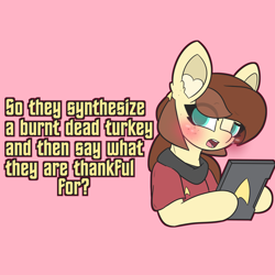 Size: 6000x6000 | Tagged: safe, artist:sodapop sprays, imported from derpibooru, oc, oc only, oc:horsely, oc:naomi horsely, earth pony, pony, clothes, confused, female, holiday, looking at you, mare, meme, redshirt, solo, thanksgiving, uniform