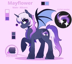 Size: 1903x1700 | Tagged: safe, artist:waffletheheadmare, imported from derpibooru, oc, oc:mayflower, alicorn, bat pony, bat pony alicorn, alicorn oc, bat wings, commission, commissioner:pyretheskywing, cutie mark, femboy, horn, magical lesbian spawn, male, offspring, parent:nightmare moon, parent:twilight sparkle, parents:twimoon, reference sheet, slit pupils, solo, solo male, wings