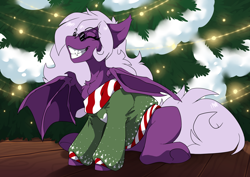 Size: 3508x2480 | Tagged: safe, artist:arctic-fox, imported from derpibooru, oc, oc only, oc:menesiena mirksetine, bat pony, pony, bat pony oc, bat wings, christmas, christmas sweater, christmas tree, clothes, eyes closed, female, glasses, grin, holiday, mare, sitting, smiling, sweater, tree, wings