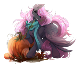 Size: 2773x2397 | Tagged: safe, artist:inspiredpixels, imported from derpibooru, oc, pegasus, pony, clothes, female, mare, pumpkin, scarf, simple background, solo, transparent background