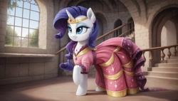 Size: 2560x1456 | Tagged: safe, imported from derpibooru, rarity, pony, unicorn, ai content, ai generated, clothes, dress, gala dress, horn, prompter:cypher, solo