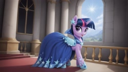 Size: 2560x1456 | Tagged: safe, imported from derpibooru, twilight sparkle, unicorn, ai content, ai generated, clothes, dress, gala dress, horn, prompter:cypher, solo