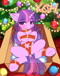 Size: 1260x1584 | Tagged: safe, artist:airiniblock, imported from derpibooru, twilight sparkle, pony, box, christmas, christmas lights, christmas tree, commission, holiday, pony in a box, tree, ych example, your character here