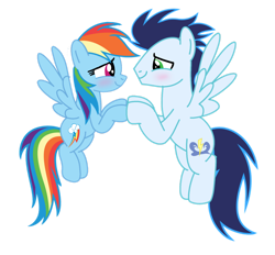 Size: 1280x1188 | Tagged: safe, artist:soarindasher10, imported from derpibooru, rainbow dash, soarin', pegasus, pony, blushing, female, flying, looking at each other, looking at someone, male, mare, shipping, simple background, smiling, smiling at each other, soarindash, stallion, straight, transparent background