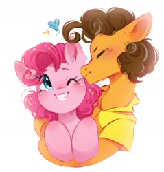 Size: 986x1030 | Tagged: safe, artist:melodylibris, imported from derpibooru, cheese sandwich, pinkie pie, earth pony, pony, alternate hairstyle, blush lines, blushing, bust, cheek kiss, cheesepie, clothes, collared shirt, colored pinnae, curly mane, cute, diacheeses, diapinkes, duo, duo male and female, eyes closed, female, floating heart, grin, heart, hug, kissing, leg blush, male, married couples doing married things, one eye closed, profile, shipping, shirt, short mane, short mane pinkie pie, simple background, smiling, sprinkles in mane, straight, white background