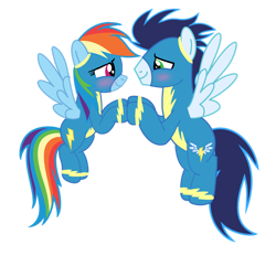 Size: 1280x1188 | Tagged: safe, artist:soarindasher10, imported from derpibooru, rainbow dash, soarin', pegasus, pony, blushing, clothes, female, flying, looking at each other, looking at someone, male, mare, shipping, simple background, smiling, smiling at each other, soarindash, stallion, straight, transparent background, uniform, wonderbolts, wonderbolts uniform