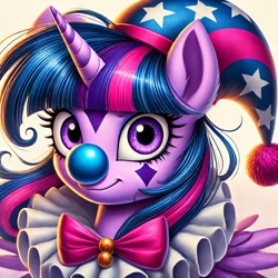 Size: 1024x1024 | Tagged: safe, imported from derpibooru, twilight sparkle, alicorn, pony, ai content, ai generated, alternate hairstyle, bowtie, clown, female, generator:bing image creator, generator:dall-e 3, hat, horn, mare, prompter:heydude5321, solo, wings