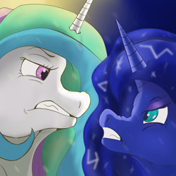 Size: 1800x1800 | Tagged: safe, artist:waspking, imported from derpibooru, princess celestia, princess luna, alicorn, pony, angry, constellation hair, duo, duo female, female, looking at each other, looking at someone, royal sisters, siblings, sisters