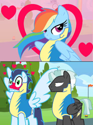 Size: 580x774 | Tagged: safe, artist:cookiebunbun27, imported from derpibooru, rainbow dash, soarin', thunderlane, pegasus, pony, blushing, crush, female, in love, male, mare, shipping, soarindash, stallion, straight