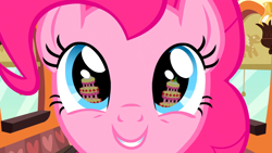 Size: 1920x1080 | Tagged: safe, imported from derpibooru, screencap, pinkie pie, earth pony, pony, mmmystery on the friendship express, season 2, cake, eye reflection, female, food, mare, marzipan mascarpone meringue madness, my little pony, reflection, solo