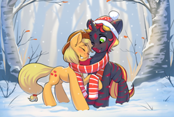 Size: 2970x2000 | Tagged: safe, artist:kittytitikitty, imported from derpibooru, applejack, oc, earth pony, unicorn, blushing, canon x oc, forest, horn, nature, tree, winter