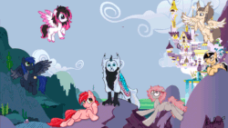 Size: 1433x806 | Tagged: safe, artist:klonray, imported from derpibooru, oc, oc only, oc:colton whittles, oc:dima, oc:dream gray, oc:itssim, oc:krista pebble, oc:lunylin, oc:star reader, bird, earth pony, hybrid, kirin, owl, pegasus, pony, unicorn, adventure time, animated, canterlot, canterlot castle, earth pony oc, female, gif, horn, kirin oc, male, mare, parody, pegasus oc, pencil, stallion, stallion oc, unicorn oc, wings