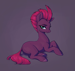 Size: 2100x2000 | Tagged: safe, artist:aquaticvibes, imported from derpibooru, tempest shadow, pony, unicorn, broken horn, cute, eyelashes, hooves, horn, lighting, looking at you, lying down, pretty pretty tempest, prone, side view, simple background, smiling, smiling at you, solo, tempestbetes