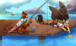 Size: 1280x774 | Tagged: safe, artist:malinraf1615, imported from derpibooru, oc, oc only, oc:pavlos, fish, griffon, bandage, fishing rod, male