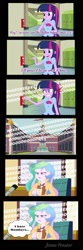 Size: 634x1903 | Tagged: safe, artist:jenna56, imported from derpibooru, princess celestia, twilight sparkle, human, equestria girls, calendar, canterlot high, chair, clothes, coffee, coffee mug, comic, female, fire alarm, flag, glass door, indoors, lockers, microphone, mug, office chair, onomatopoeia, outdoors, principal celestia, speech bubble, stairs, text, uniform, window