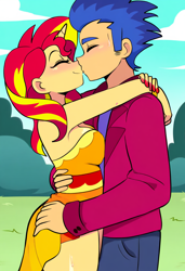 Size: 832x1216 | Tagged: safe, imported from derpibooru, flash sentry, sunset shimmer, equestria girls, ai content, ai generated, blushing, female, flashimmer, hug, male, prompter:siren-module, shipping, straight