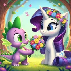 Size: 1024x1024 | Tagged: safe, imported from derpibooru, rarity, spike, dragon, unicorn, ai content, ai generated, bouquet, bouquet of flowers, cute, female, floral head wreath, flower, g4, grass, horn, looking at each other, looking at someone, male, prompter:bluey2309, ship:sparity, shipping, sitting, smiling, smiling at each other, sparity, straight, tree