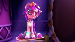 Size: 3840x2160 | Tagged: safe, artist:psfmer, imported from derpibooru, sunny starscout, earth pony, pony, 3d, alternate hairstyle, ear piercing, earring, female, flower, flower in hair, g5, glasses, glow rings, glowstick, high res, implied lesbian, jewelry, lesbian pride flag, mare, piercing, pride, pride flag, solo, source filmmaker, tongue out, unshorn fetlocks