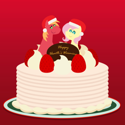 Size: 2160x2160 | Tagged: safe, anonymous artist, imported from derpibooru, big macintosh, fluttershy, earth pony, pegasus, pony, series:fm holidays, series:hearth's warming advent calendar 2024, advent calendar, alternate hairstyle, cake, cake topper, chocolate, christmas, christmas cake, duo, duo male and female, female, fluttermac, food, gradient background, happy hearth's warming, hat, hearth's warming, high res, holiday, lineless, looking at you, male, mare, pointy ponies, santa hat, shipping, short mane, smiling, smiling at you, stallion, straight, strawberry