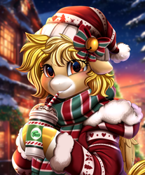 Size: 2571x3098 | Tagged: safe, artist:pridark, imported from derpibooru, oc, pegasus, pony, bust, christmas, commission, cute, holiday, portrait, smiling, starbucks, ych result, your character here