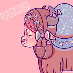 Size: 2048x2048 | Tagged: safe, artist:lnx1ynight16, imported from derpibooru, yona, yak, bow, braid, colorful, cute, fairy kei, female, hair accessory, hair bow, horns, monkey swings, side view, text, yonadorable