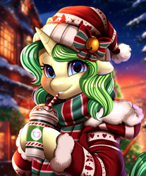 Size: 2571x3098 | Tagged: safe, artist:pridark, imported from derpibooru, oc, pony, unicorn, bust, christmas, commission, drinking straw, holiday, horn, portrait, smiling, starbucks, ych result, your character here