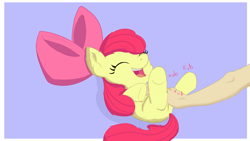 Size: 1920x1080 | Tagged: safe, imported from derpibooru, apple bloom, human, pony, bow, eyes closed, laughing, legs in air, lying down, on back, open mouth, tickling