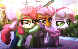 Size: 4074x2586 | Tagged: safe, artist:yourboimario, imported from derpibooru, apple bloom, scootaloo, sweetie belle, earth pony, pegasus, pony, unicorn, alternate hairstyle, alternate universe, clothes, high res, horn, irl, photo, ponies in real life, trio