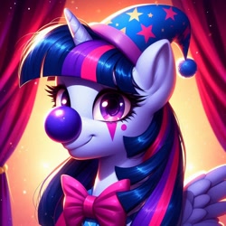 Size: 1024x1024 | Tagged: safe, imported from derpibooru, twilight sparkle, alicorn, ai content, ai generated, bowtie, clown, clown makeup, curtains, female, generator:bing image creator, generator:dall-e 3, hat, horn, mare, prompter:heydude5321, solo, wings