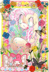 Size: 2048x3002 | Tagged: safe, artist:larvaecandy, imported from derpibooru, fluttershy, butterfly, pegasus, pony, flower, sanrio, solo