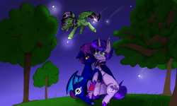 Size: 3206x1924 | Tagged: safe, artist:catcathry, imported from derpibooru, oc, oc only, oc:lunar glaze, oc:purple hole, oc:shiny dust, alicorn, bat pony, bat pony alicorn, unicorn, bat wings, flying, horn, hug, stars, wings