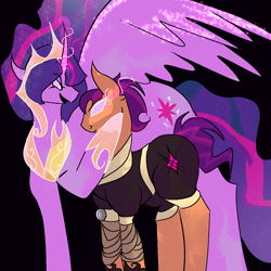 Size: 1280x1280 | Tagged: safe, imported from derpibooru, sunny starscout, twilight sparkle, alicorn, earth pony, armor, ethereal mane, evil twilight, g5, manipulation, pink eyes, possession, short mane, short tail, starry mane, starry tail, tail, twilight sparkle (alicorn), white pupils