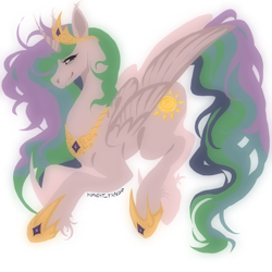 Size: 2285x2285 | Tagged: safe, artist:mdnght-thndr, imported from derpibooru, princess celestia, alicorn, pony, crown, female, folded wings, hoof shoes, jewelry, mare, peytral, profile, regalia, signature, simple background, smiling, solo, white background, wings