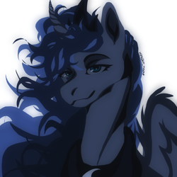 Size: 2285x2285 | Tagged: safe, artist:mdnght-thndr, imported from derpibooru, princess luna, alicorn, pony, bust, crown, female, jewelry, mare, peytral, portrait, regalia, signature, simple background, smiling, solo, white background