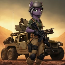 Size: 1024x1024 | Tagged: safe, imported from derpibooru, limestone pie, anthro, earth pony, series:g.i. pony: a real equestrian hero, ai content, ai generated, assault rifle, clothes, cosplay, costume, crankcase, desert, female, frown, g.i. joe, generator:google imagen 3.0, gloves, gun, helmet, jeep, military uniform, outdoors, prompter:zerowinger, rifle, solo, uniform, weapon