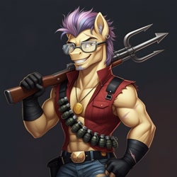 Size: 1024x1024 | Tagged: safe, imported from derpibooru, street rat, anthro, earth pony, series:g.i. pony: a real equestrian hero, ai content, ai generated, bandolier, clothes, cosplay, costume, dreadnoks, ear piercing, evil grin, g.i. joe, generator:google imagen 3.0, gloves, gold necklace, gradient background, grenade, grin, harpoon gun, jeans, male, monkeywrench, muscles, pants, piercing, prompter:zerowinger, ripped jeans, ripped pants, smiling, solo, sunglasses, torn clothes, vest