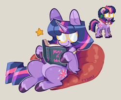 Size: 1060x874 | Tagged: safe, artist:rraimu, imported from derpibooru, twilight sparkle, pony, unicorn, pony town, alternate design, beanbag chair, bookhorse, female, glasses, gray background, hoof hold, horn, lying down, mare, on back, pale belly, reading, round glasses, simple background, sitting, smiling, solo, stars, unicorn twilight, unshorn fetlocks