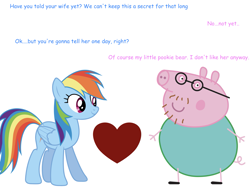 Size: 1691x1324 | Tagged: safe, imported from derpibooru, rainbow dash, comic sans, daddy pig, heart, peppa pig, shipping, simple background, trolling, white background