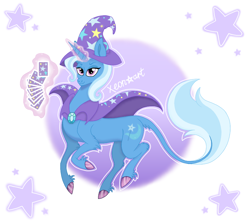 Size: 900x800 | Tagged: safe, artist:xeon777art, imported from derpibooru, trixie, classical unicorn, pony, unicorn, cape, card, clothes, cloven hooves, colored hooves, female, fetlock tuft, glowing, glowing horn, hat, hooves, horn, leonine tail, levitation, lidded eyes, looking at you, magic, mare, playing card, signature, smiling, smiling at you, solo, tail, telekinesis, trixie's cape, trixie's hat, unshorn fetlocks