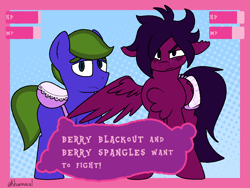 Size: 1024x768 | Tagged: safe, artist:kharmacal, imported from derpibooru, oc, oc only, oc:berry blackout, oc:berry spangles, earth pony, pegasus, caption, chest fluff, duo, ear fluff, image macro, looking at you, passepartout, text