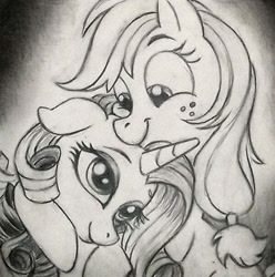 Size: 600x604 | Tagged: safe, artist:raveneesimo, imported from derpibooru, applejack, rarity, earth pony, unicorn, cute, female, freckles, hatless, horn, hug, jackabetes, mare, missing accessory, monochrome, pencil drawing, raribetes, sketch, traditional art