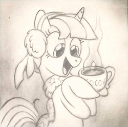 Size: 600x593 | Tagged: safe, artist:raveneesimo, imported from derpibooru, twilight sparkle, unicorn, chocolate, clothes, cute, earmuffs, female, food, horn, hot chocolate, mare, scarf, sketch, solo, traditional art, twiabetes, unicorn twilight