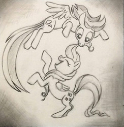 Size: 711x729 | Tagged: safe, artist:raveneesimo, imported from derpibooru, fluttershy, rainbow dash, cute, dashabetes, eyes closed, monochrome, pencil drawing, shyabetes, sketch, traditional art