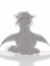 Size: 2343x3051 | Tagged: safe, artist:cheekipone, oc, oc only, oc:honey milk, bat pony, pony, bat pony oc, bat wings, clothes, ear tufts, eyebrows visible through hair, female, floppy ears, jacket, mare, monochrome, sad, scratches, simple background, sitting, solo, spread wings, torn clothes, unshorn fetlocks, white background, windswept mane, wings