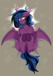 Size: 2727x3853 | Tagged: safe, artist:cheekipone, oc, oc only, oc:stormy night, bat pony, pony, bat pony oc, bat wings, bed, ear tufts, eyebrows visible through hair, fangs, female, floppy ears, hoof heart, mare, on back, on bed, open smile, raised leg, sidemouth, solo, spread wings, stars, two toned mane, two toned tail, underhoof, unshorn fetlocks, wings