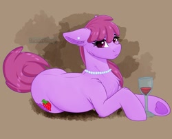 Size: 1946x1576 | Tagged: safe, artist:decemberbreeze, imported from derpibooru, berry punch, berryshine, alcohol, ear piercing, earring, glass, jewelry, necklace, pearl necklace, piercing, solo, wine, wine glass