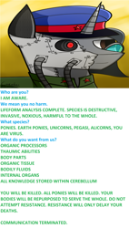 Size: 2560x4494 | Tagged: safe, imported from derpibooru, oc, cyborg, equestria at war mod, chat, text, the intelligence (virus 1999), this will end in cybernetic implants, this will end in death, virus (1999 movie)