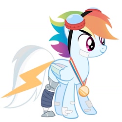 Size: 1165x1165 | Tagged: safe, artist:tsunqi, imported from derpibooru, rainbow dash, pegasus, pony, amputee, bandaid, goggles, gold medal, lightning, medal, prosthetic leg, prosthetic limb, prosthetics, simple background, white background