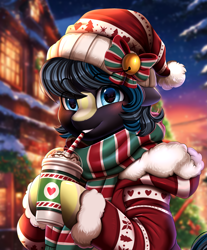 Size: 2571x3098 | Tagged: safe, artist:pridark, imported from derpibooru, oc, pony, bust, christmas, commission, cute, holiday, portrait, smiling, starbucks, ych result, your character here